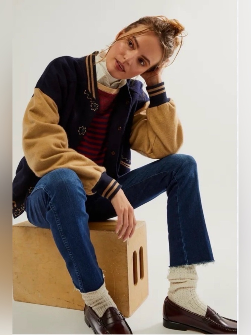 Free People Home Run Varsity Bomber Jacket Size Small Oversized